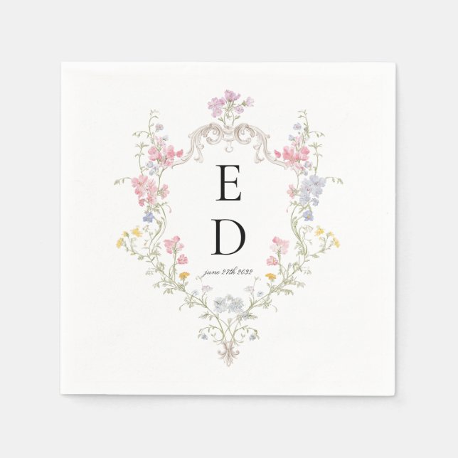 Servilleta De Papel Whimsical Elegant Rococo Floral Crest Monogram (Anverso)