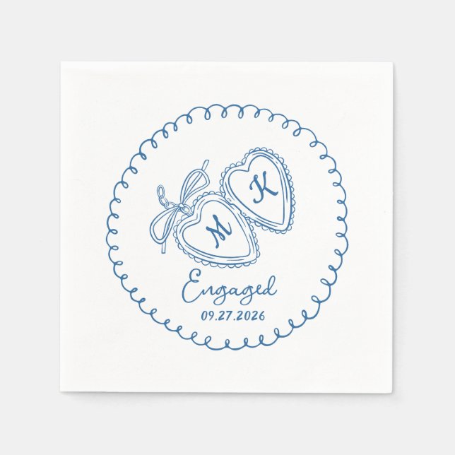 Servilleta De Papel Whimsical Engaged Couple Blue Hearts Trendy Doodle (Anverso)