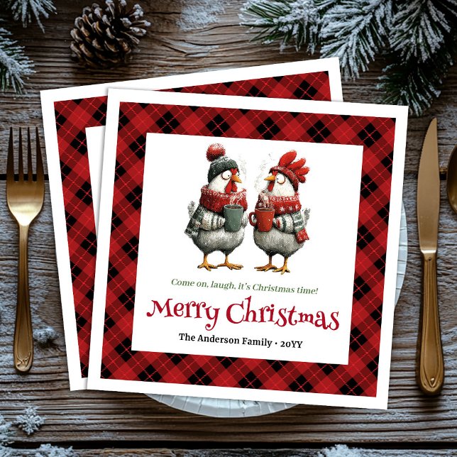 Servilleta De Papel Whimsical festive chickens napkin with custom name (Modern Quirky Chickens Editable Cartoon Red Green Christmas Napkins

)