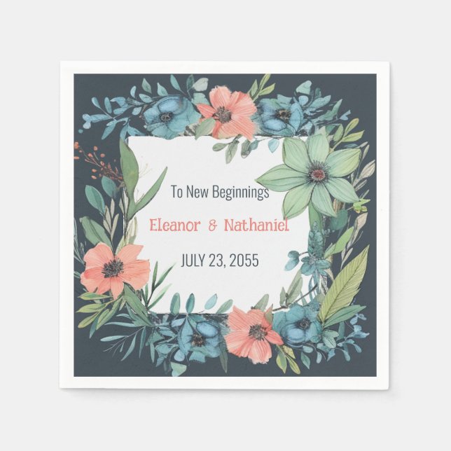Servilleta De Papel Whimsical Floral Salmon Blue Green Boda (Anverso)