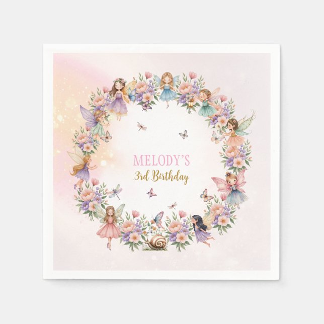 Servilleta De Papel Whimsical flower fairy garden 3rd birthday  (Anverso)