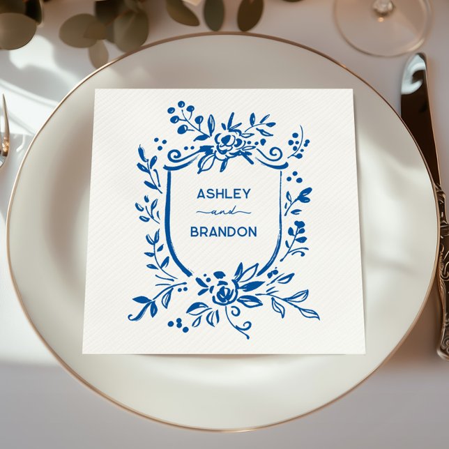 Servilleta De Papel Whimsical French Blue Botanical Crest Wedding (Subido por el creador)