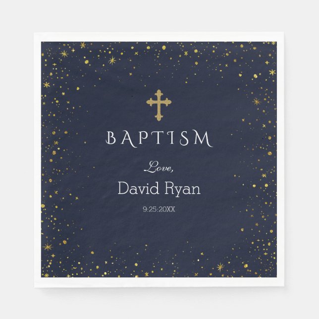 Servilleta De Papel Whimsical Gold Starry Night Boy Baptism (Anverso)