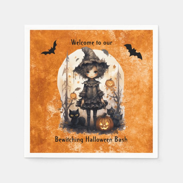 Servilleta De Papel Whimsical Halloween Witch y sus amigos felinos (Anverso)