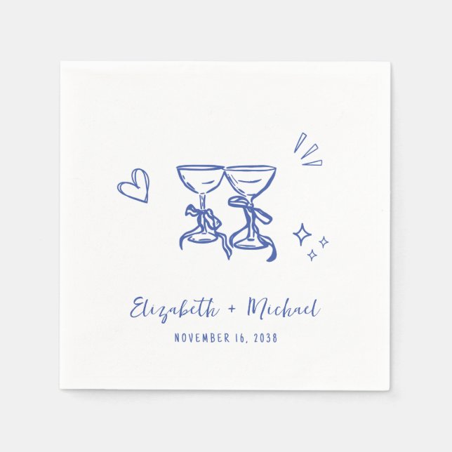 Servilleta De Papel Whimsical Hand Drawn Blue Wine Glasses Wedding (Anverso)