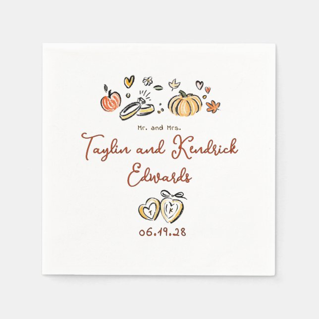 Servilleta De Papel Whimsical Hand Drawn Fall Love Wedding Napkins (Anverso)