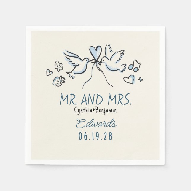 Servilleta De Papel Whimsical Hand Drawn Love Birds Wedding Napkins (Anverso)