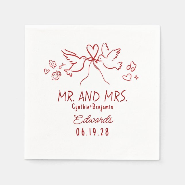 Servilleta De Papel Whimsical Hand Drawn Love Birds Wedding Napkins (Anverso)
