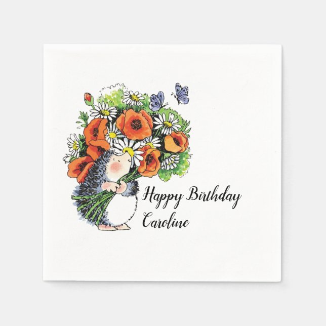 Servilleta De Papel Whimsical Hedgehog and Poppies Cumpleaños (Anverso)
