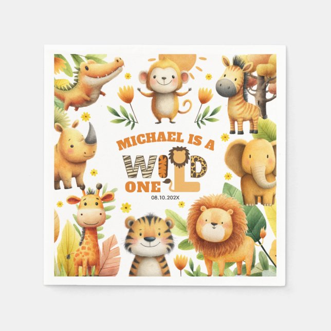 Servilleta De Papel Whimsical Safari Animals WILD ONE 1st Birthday  (Anverso)