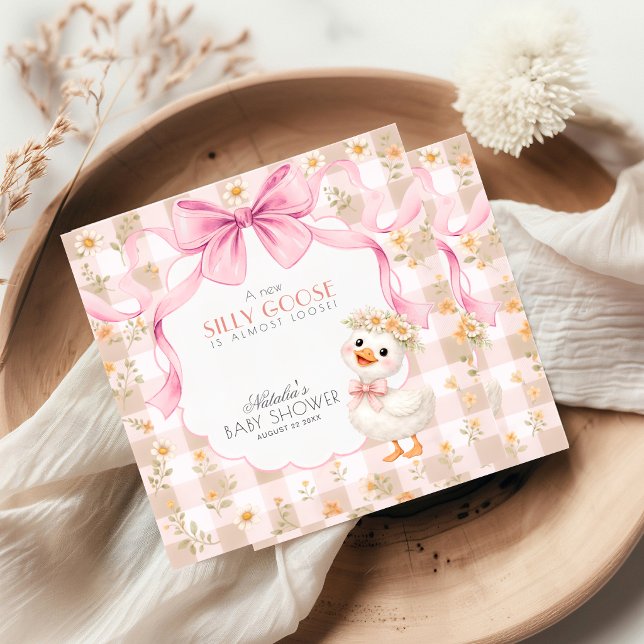 Servilleta De Papel Whimsical Silly Goose Pink Gingham Baby Shower (Subido por el creador)