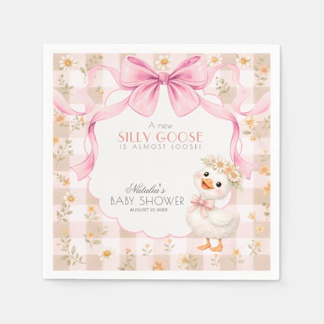 Servilleta De Papel Whimsical Silly Goose Pink Gingham Baby Shower (Anverso)