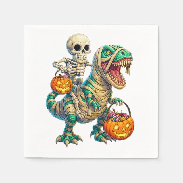 Servilleta De Papel Whimsical Skeleton Riding Mummy T-Rex Halloween (Anverso)