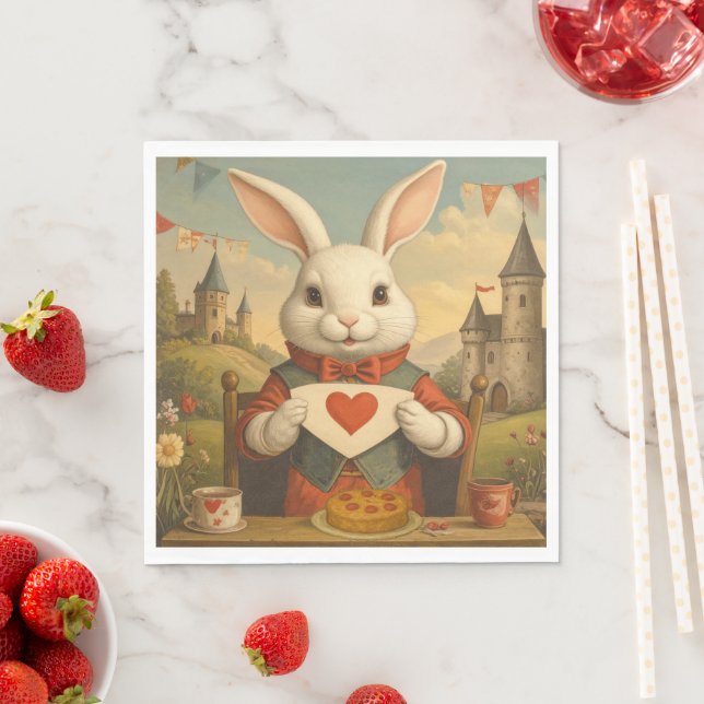 Servilleta De Papel Whimsical White Rabbit Hearts Enchanted Wonderland (In situ)