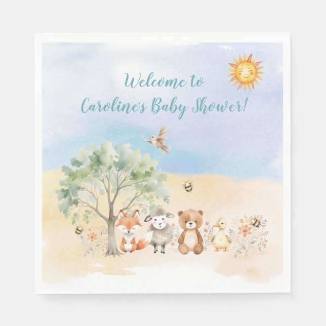 Servilleta De Papel Whimsical Wildlife Animals Baby Shower (Anverso)
