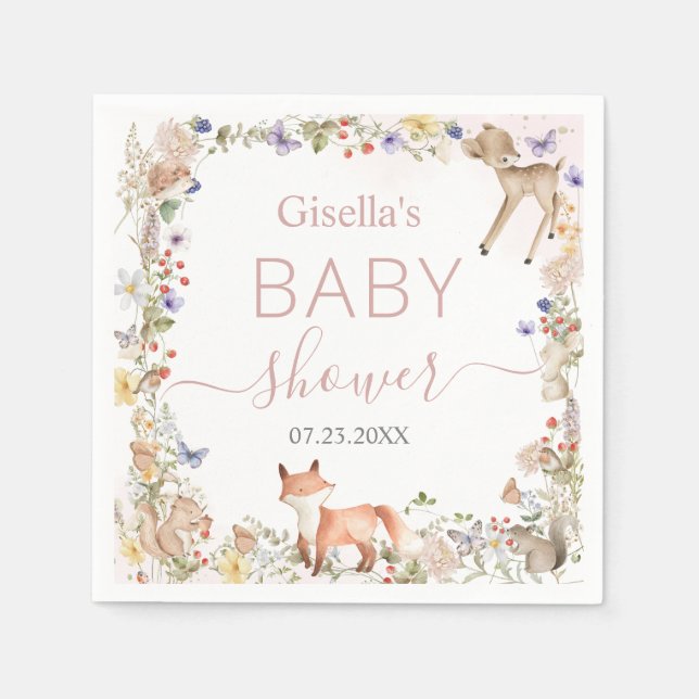 Servilleta De Papel Whimsical Woodland Animals Wildflower Baby Shower  (Anverso)