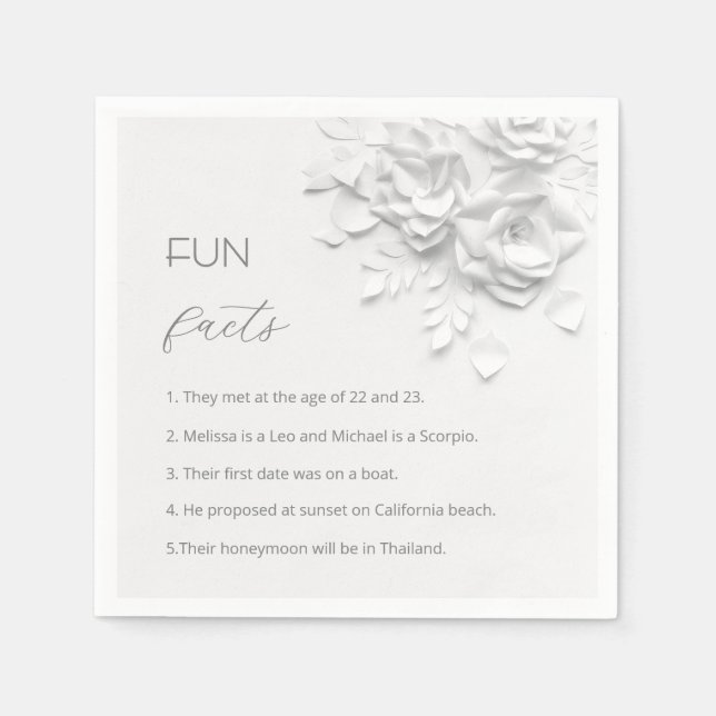 Servilleta De Papel White 3D Flowers Roses Fun Facts Wedding  (Anverso)
