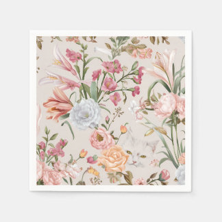 Servilleta De Papel White Cats Pink Roses Floral 