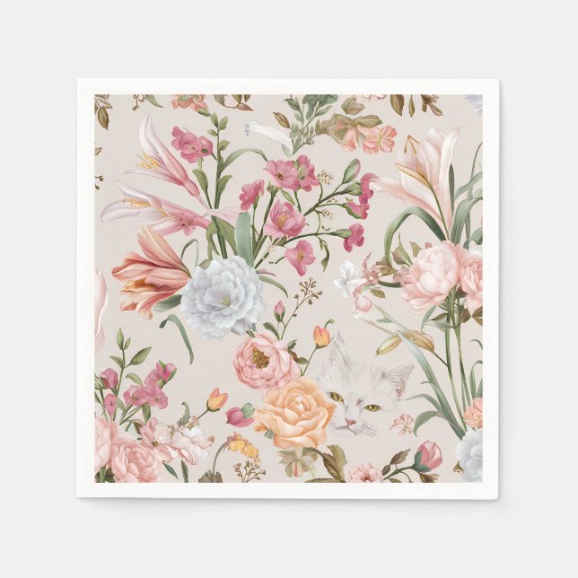 Servilleta De Papel White Cats Pink Roses Floral  (Anverso)