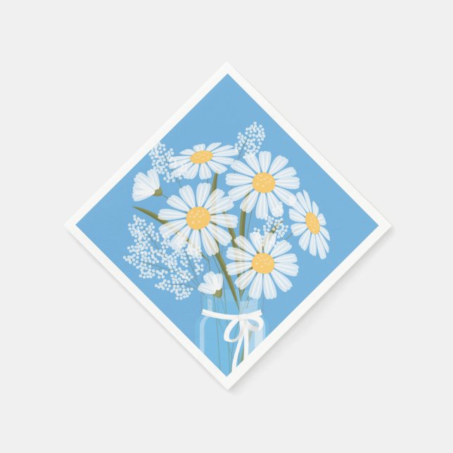 Servilleta De Papel White Daisies Mason Jar Bouquet Blue Corner (Borde)