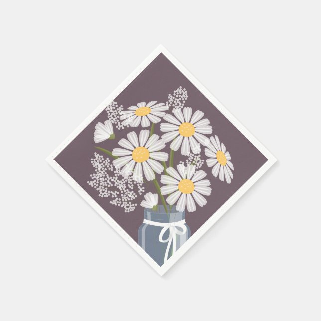 Servilleta De Papel White Daisies Mason Jar Bouquet Dark Púrpura Esqui (Borde)