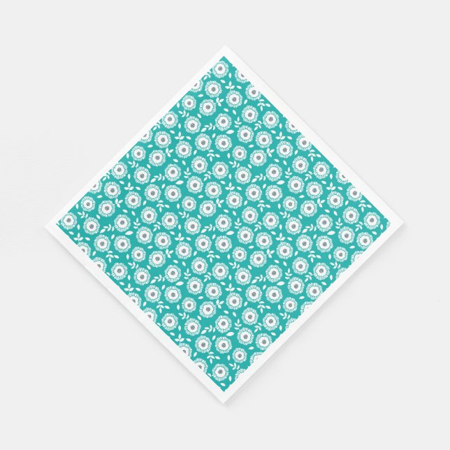 Servilleta De Papel White floral pattern on turquoise background (Esquina)