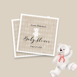 Servilleta De Papel White Teddy Bear Baby Shower Moderno | Tan Argyle
