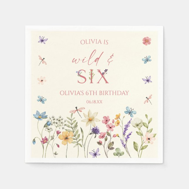 Servilleta De Papel Wild and Six Wildflower 6th Birthday Party (Anverso)