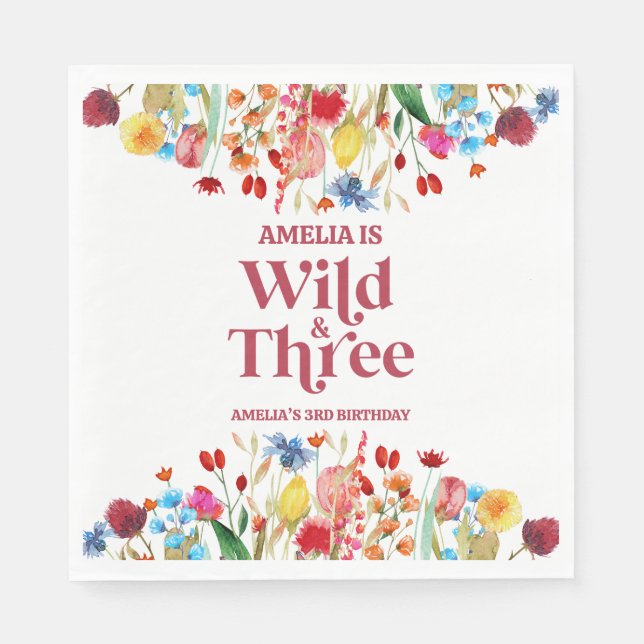 Servilleta De Papel Wild and Three Wildflower Tercer Fiesta de cumplea (Anverso)