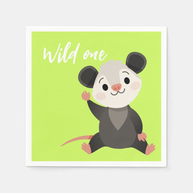 Servilleta De Papel Wild One Opossum Cute Green Woodland Party  (Anverso)