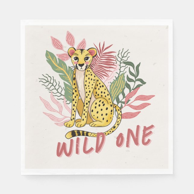 Servilleta De Papel Wild One Safari Pink Cheetah Kids Birthday Party (Anverso)