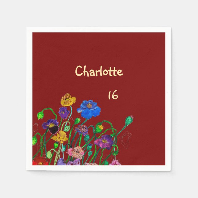 Servilleta De Papel Wild Poppy Deep Red & Butter Yellow Birthday (Anverso)