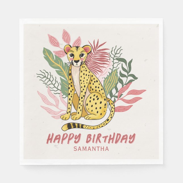 Servilleta De Papel Wild Safari Pink Cheetah Kids Birthday Party (Anverso)
