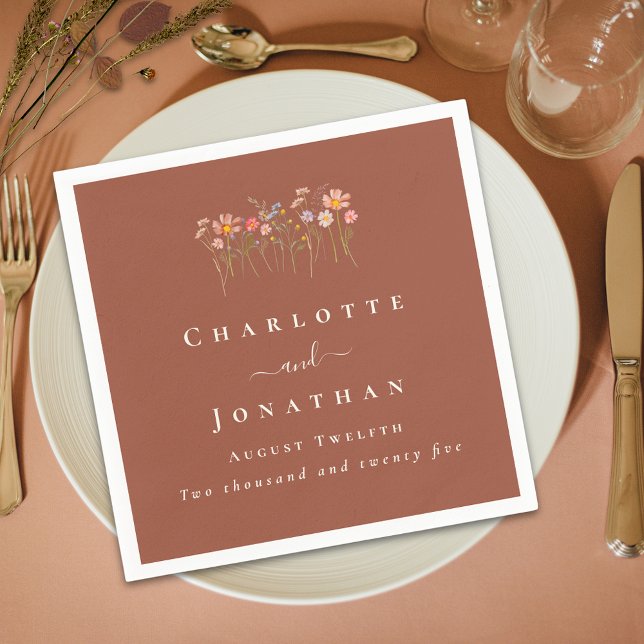 Servilleta De Papel Wildflower Boho Fall Floral Custom Wedding (Elegant modern Wildflower boho fall floral terracotta Wedding custom napkin)