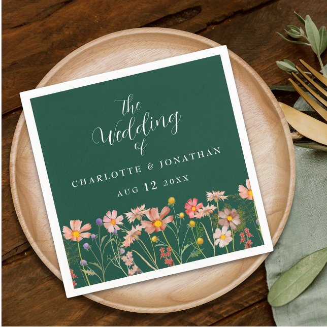Servilleta De Papel Wildflower Boho Floral Green Wedding (Personalized Wildflower boho floral green & elegant white script Wedding napkins meadow flowers)