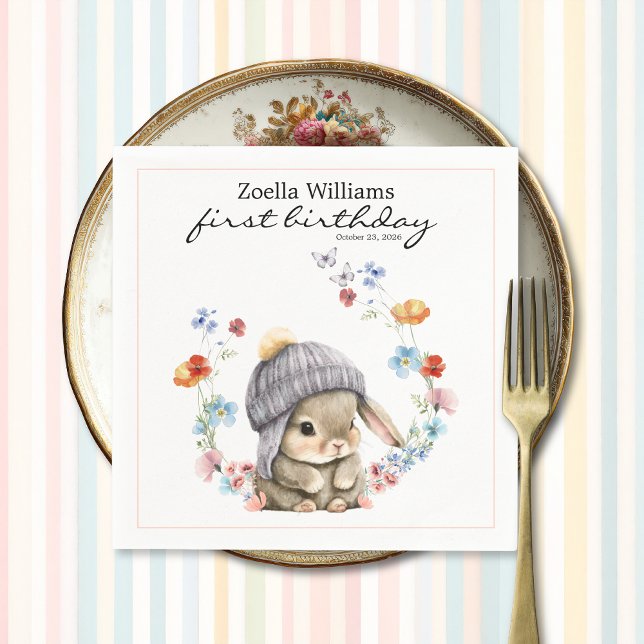 Servilleta De Papel Wildflower Sweet Bunny 1st Birthday Party Napkin (Wildflower Sweet Bunny 1st Birthday Party Napkin 2)
