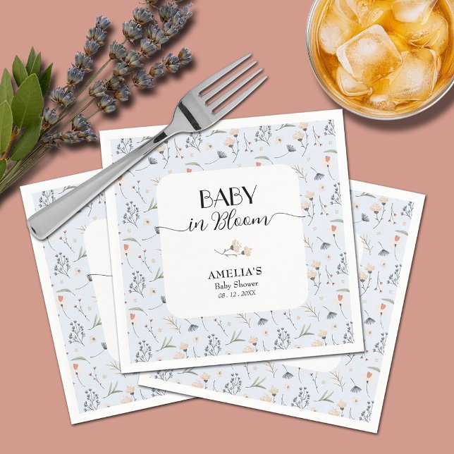Servilleta De Papel Wildflowers Blue Boy Baby Shower (Baby in Bloom wildflowers on blue boy baby shower napkins)