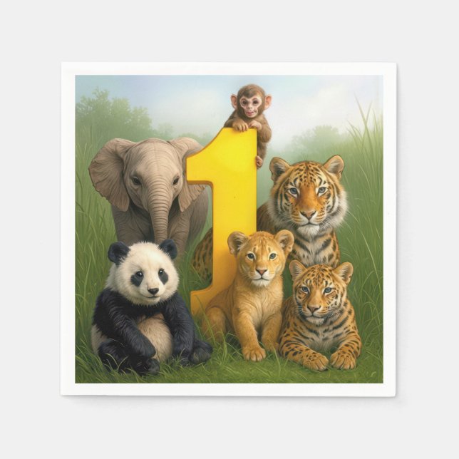 Servilleta De Papel Wildlife Animal Babies With a Number One (Anverso)