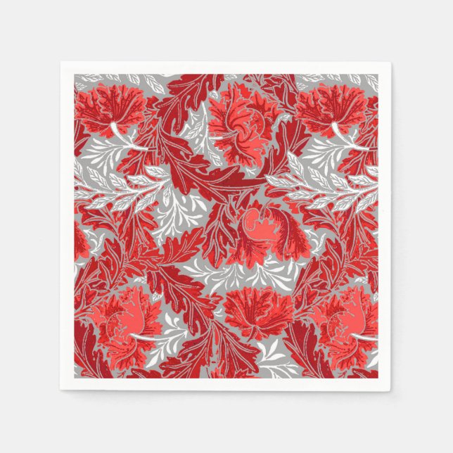 Servilleta De Papel William Morris Floral, rojo profundo y gris / gris (Anverso)