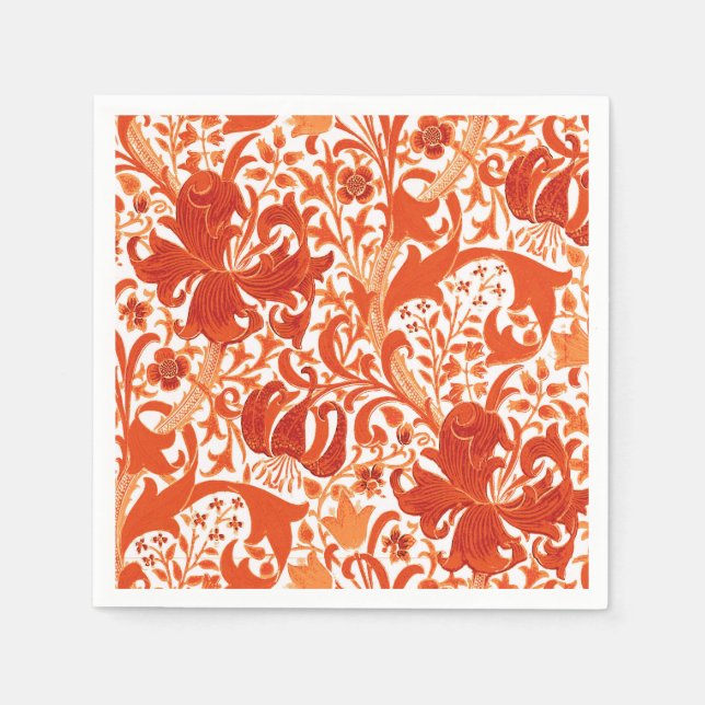 Servilleta De Papel William Morris Iris y Lily, Naranja mandarín (Anverso)