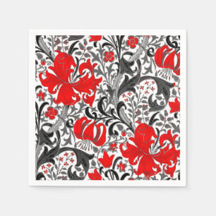 Servilleta De Papel William Morris Iris y Lily, Negro, Blanco y Rojo
