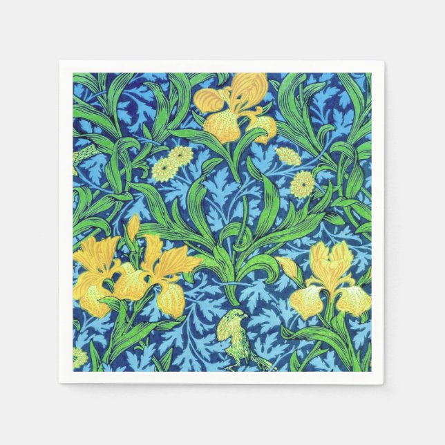 Servilleta De Papel William Morris Irises, amarillo y azul cobalto (Anverso)