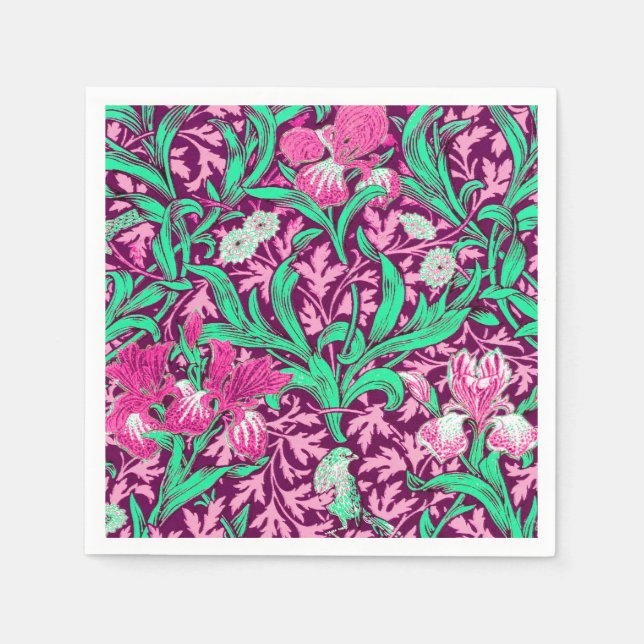 Servilleta De Papel William Morris Irises, Fuchsia rosa y vino (Anverso)