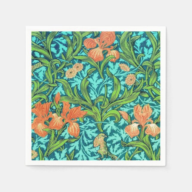 Servilleta De Papel William Morris Irises, Naranja y turquesa (Anverso)