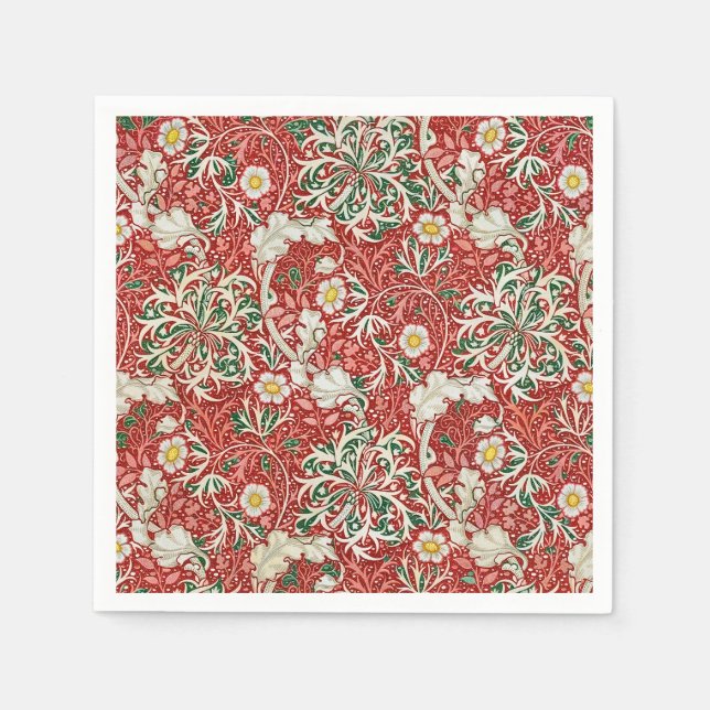 Servilleta De Papel William Morris Seaweed Flor antigua Verde Rojo (Anverso)