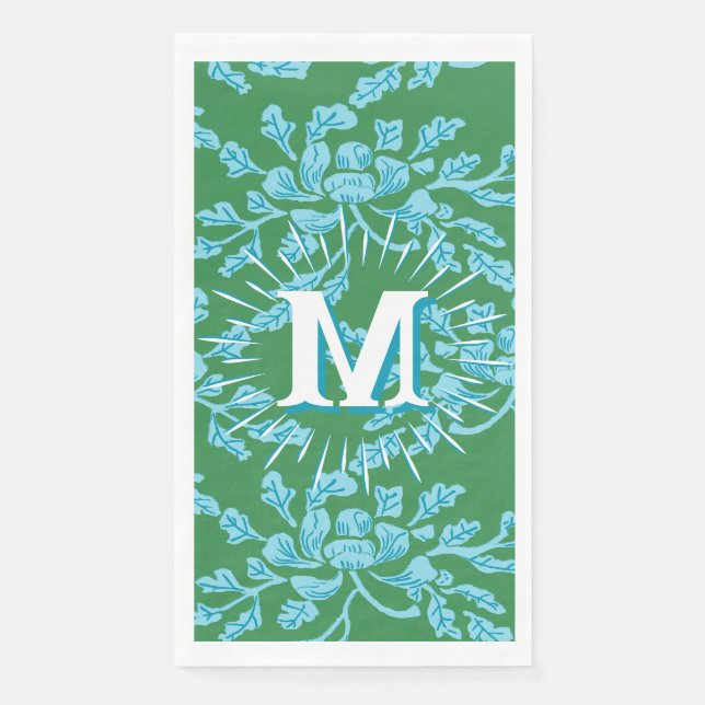 Servilleta De Papel Winding Peony Woodcut in Green + Aqua Personalized (Anverso)