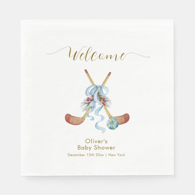 Servilleta De Papel Winter All Star Hockey Baby Shower Welcome  (Anverso)
