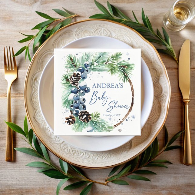 Servilleta De Papel Winter baby shower pines wreath monogrammed (Winter baby shower pines pinecones wreath monogrammed printed napkins personalized decor)