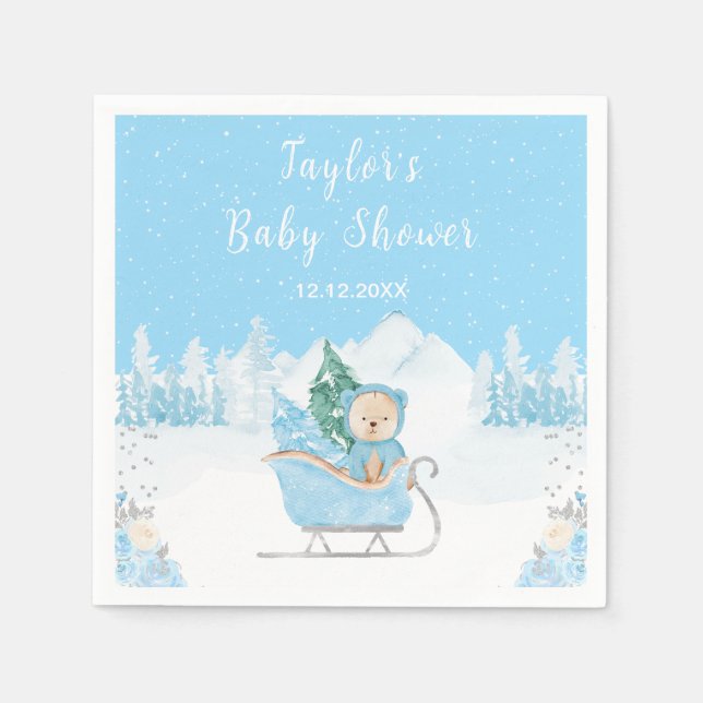 Servilleta De Papel Winter Bear Blue Sleigh Baby Shower (Anverso)
