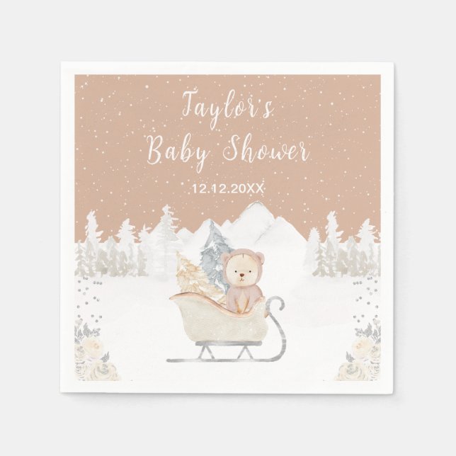 Servilleta De Papel Winter Bear Brown Sleigh Baby Shower (Anverso)